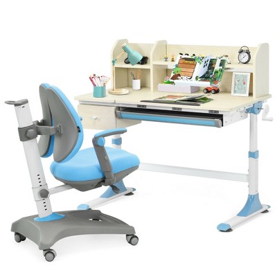 Costway Adjustable Height Kids Study Desk Drafting Table w/Bookshelf&Hutch  Grey 