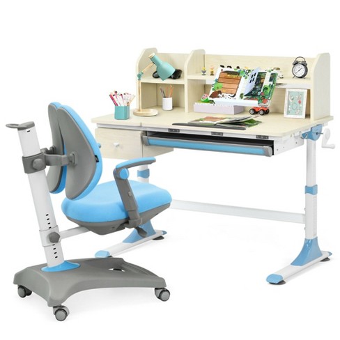 Costway Adjustable Height Kids Study Desk Drafting Table w/Bookshelf&Hutch  Blue 