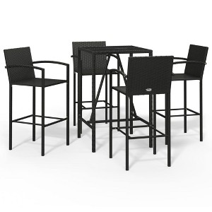 vidaXL 5 Piece Patio Bar Set - Black Poly Rattan Stool and Table with Tempered Glass - Garden/Deck/Outdoor Furniture - 1 of 4