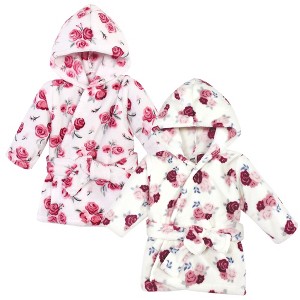 Hudson Baby Infant Girl 2Pc Plush Animal Face Bathrobe, Rose Floral, 0-9 Months - 1 of 3