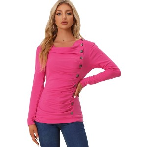 Allegra K Women's Cowl Neck Long Sleeves Buttons Decor Solid Ruched Top - 1 of 4