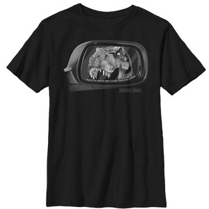Boy's Jurassic Park T. Rex In Rearview Mirror, Objects Are Closer T-Shirt - 1 of 4