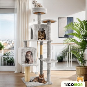 Modern Multicoloured 600GSM Soft Plush Cat Tree Pet Tower with Top Perch and Hanging Ball - 1 of 4