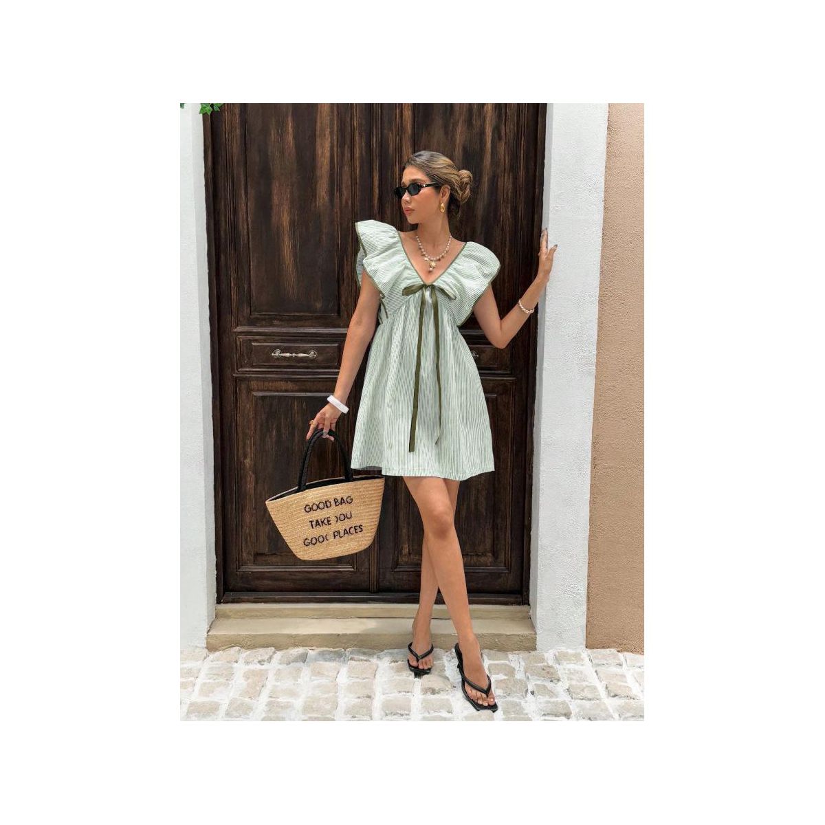 Garvee Women Striped V Neck Babydoll Mini Dress Flounce Patch Short Sleeve Backless Sun Dress Tie Front High Waist Ruffle A Line Dresses - thumbnail 5