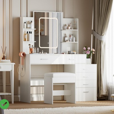 Vanity Desk w/ Mirror & Lights Makeup Vanity w/ Lighted Mirror Power Outlet Charging Station & Padded Stool