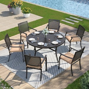 Captiva Designs 7pc Black Round Slatted Steel Table with Umbrella Hole& Metal Armrest Chairs - 1 of 4