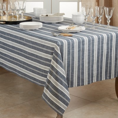 Navy Blue Striped Cotton Square Tablecloth 70"