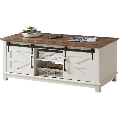 AMERLIFE Farmhouse Coffee Table with Sliding Barn Doors & Storage Cabinet, Rustic White