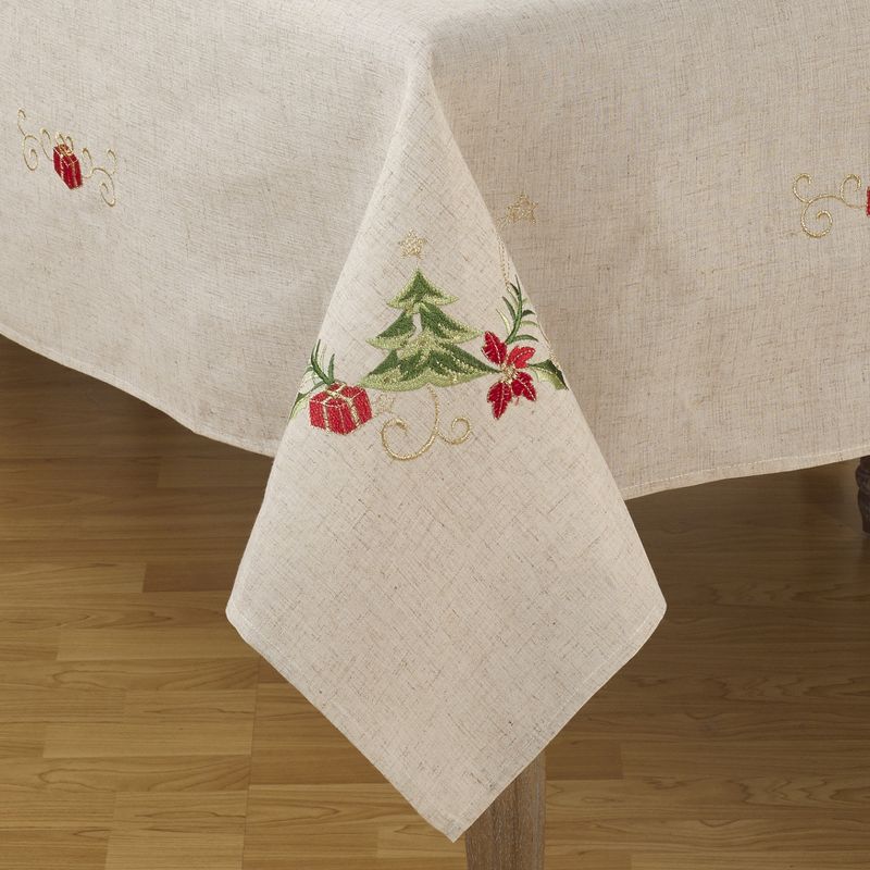 Saro Lifestyle Embroidered Christmas Tree Design Holiday Linen Blend Tablecloth, 3 of 5