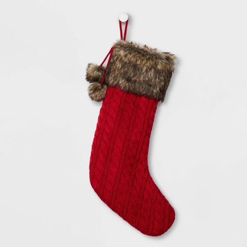 Cable Knit Christmas Stocking With Faux Fur Cuff Pom Poms Red Wondershop