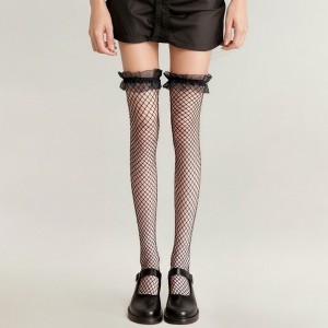 Anna-Kaci Women's Fishnet Thigh High Stockings with Ruffled Lace Top Detail and Soft Stretch Fit for Delicate Feminine Layered Styling - 1 of 3