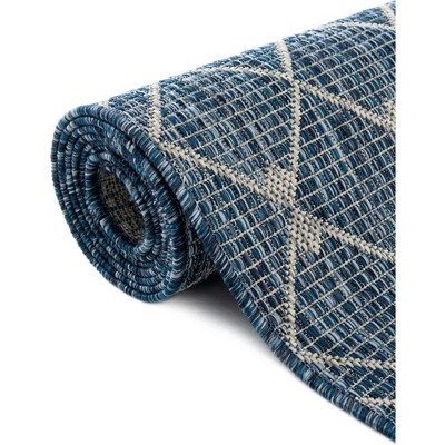 Easy-Care Oval Blue Trellis Synthetic Outdoor Rug
