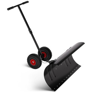 36" Heavy-Duty Snow Pusher Shovel with Wheels, Snow Pusher Hand Plow for Snow Removal, 5 Level Adjustable Handle & 7-Position Angled Blade - 1 of 4