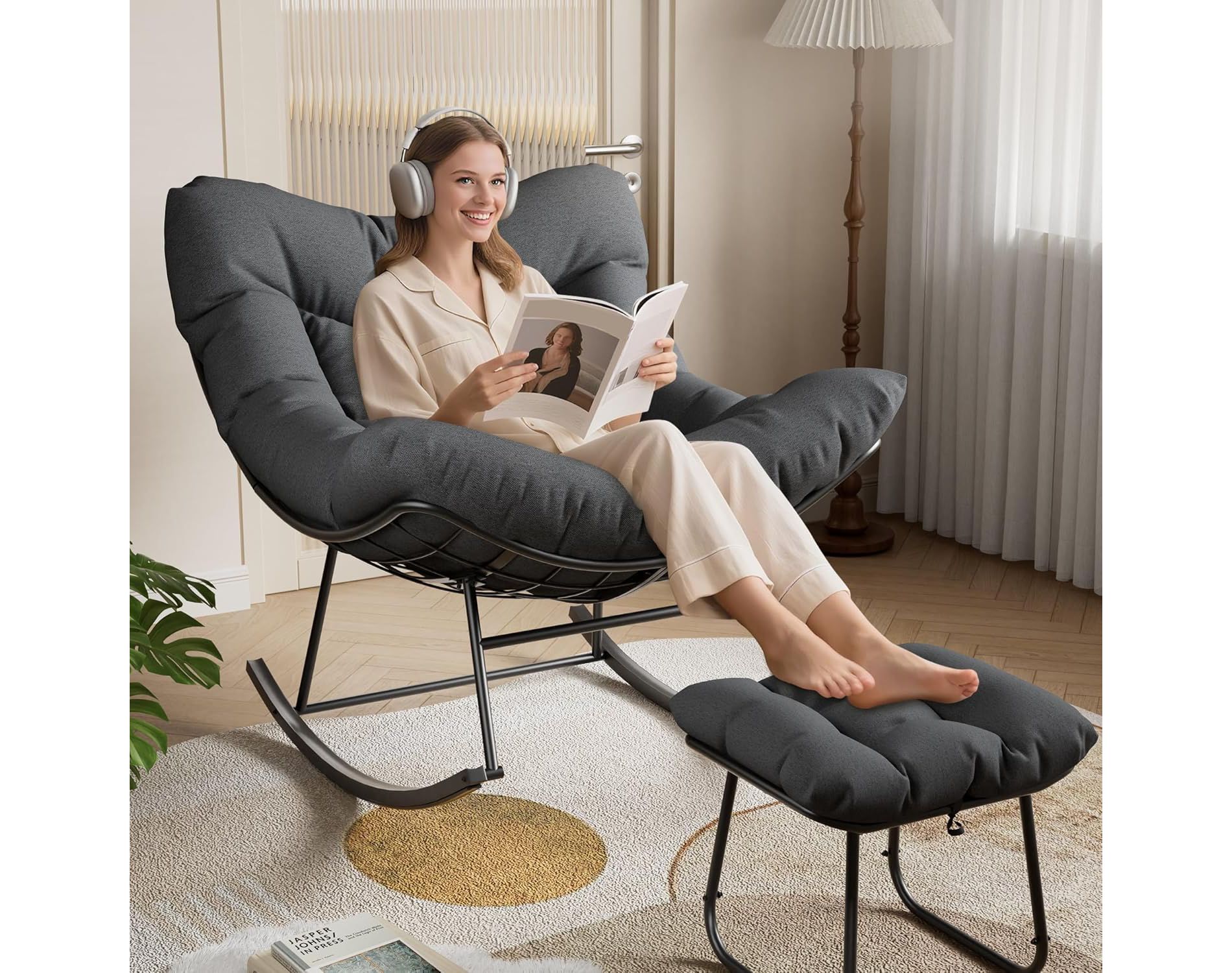 Outdoor Papasan Rocking Chair Oversized Patio Rocker with Sturdy Metal Frame Rattan Egg Style for Balcony Backyard Porch