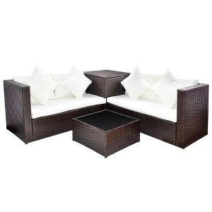 vidaXL Patio Lounge Set - 4 Piece Outdoor Poly Rattan Furniture - Weatherproof & Resilient, with Storage Space - Brown Set with Cream White Cushions - 1 of 4