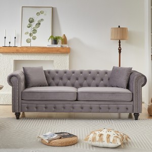 85.5" Velvet Chesterfield 3-Seater Sofa with Rolled Arms and Button Design, Includes 2 Cushions, Solid Wood Frame with Wooden Legs for Apartment - 1 of 4