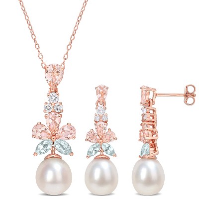 EVERLY JEWELRY | 18k Rose Plated Sterling Silver 8.5-10mm Cultured Freshwater Pearl & Morganite, Aquamarine & White Topaz Pendant and Earrings