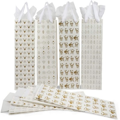 Sparkle and Bash 12 Pack Christmas Wine Gift Bags with Tissue Paper, 4 White Holiday Designs