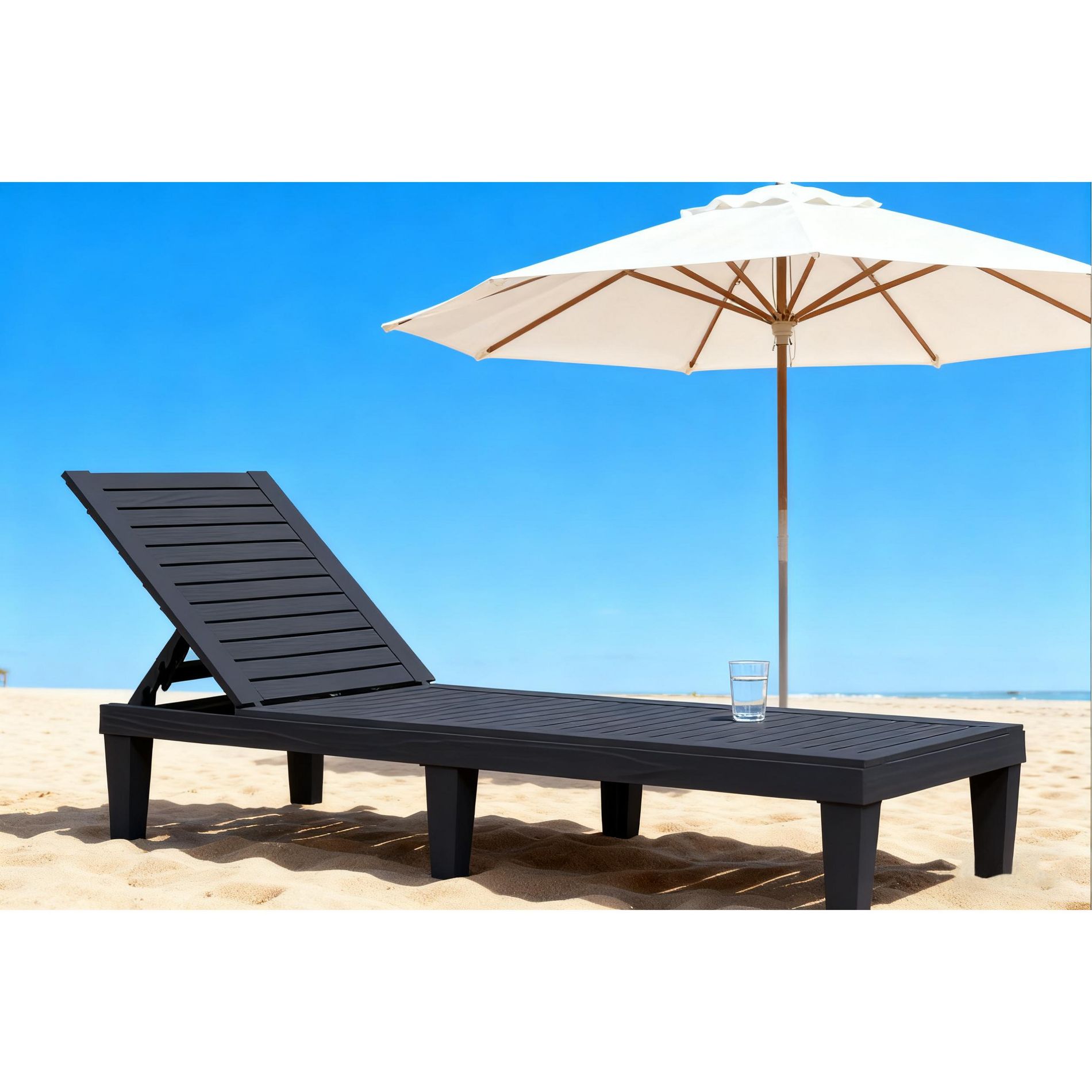 Gulches Outdoor Single Seater Sun Lounge 5-Position Adjustable Back, Wood Texture Design, UV-Protected Weatherproof Resin