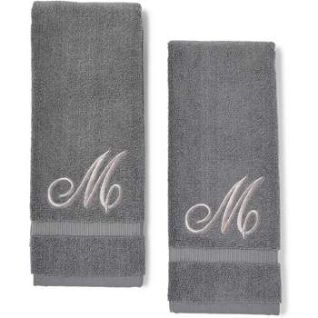 Juvale 2 Pack Letter M Monogrammed Hand Towels, Gray Cotton Hand Towels with Silver Embroidered Initial M for Wedding Gift, Baby Shower, 16 x 30 in