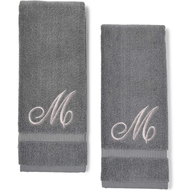 Juvale 2 Pack Letter M Monogrammed Hand Towels, Gray Cotton Hand Towels with Silver Embroidered Initial M for Wedding Gift, Baby Shower, 16 x 30 in, 1 of 5