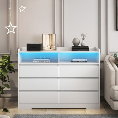 6 Drawer Dresser with LED Lights and Charging Station, Chest of 6 Drawers with Open Space, Storage Cabinet for Bedroom, Living Room, Hallway