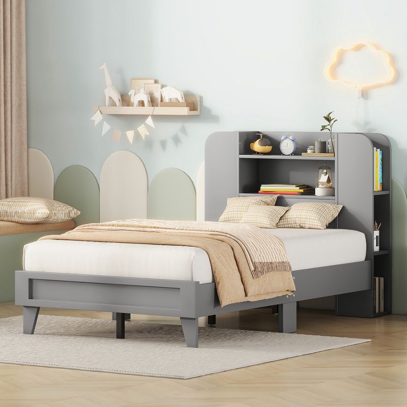 Twin/Full Size Platform Bed with Storage Headboard, Multiple Storage Shelves on Both Sides - ModernLuxe, 1 of 9