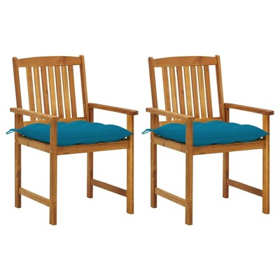 vidaXL Set of 2 Outdoor Patio Chairs with Blue Cushions - Solid Acacia Wood Slatted Design