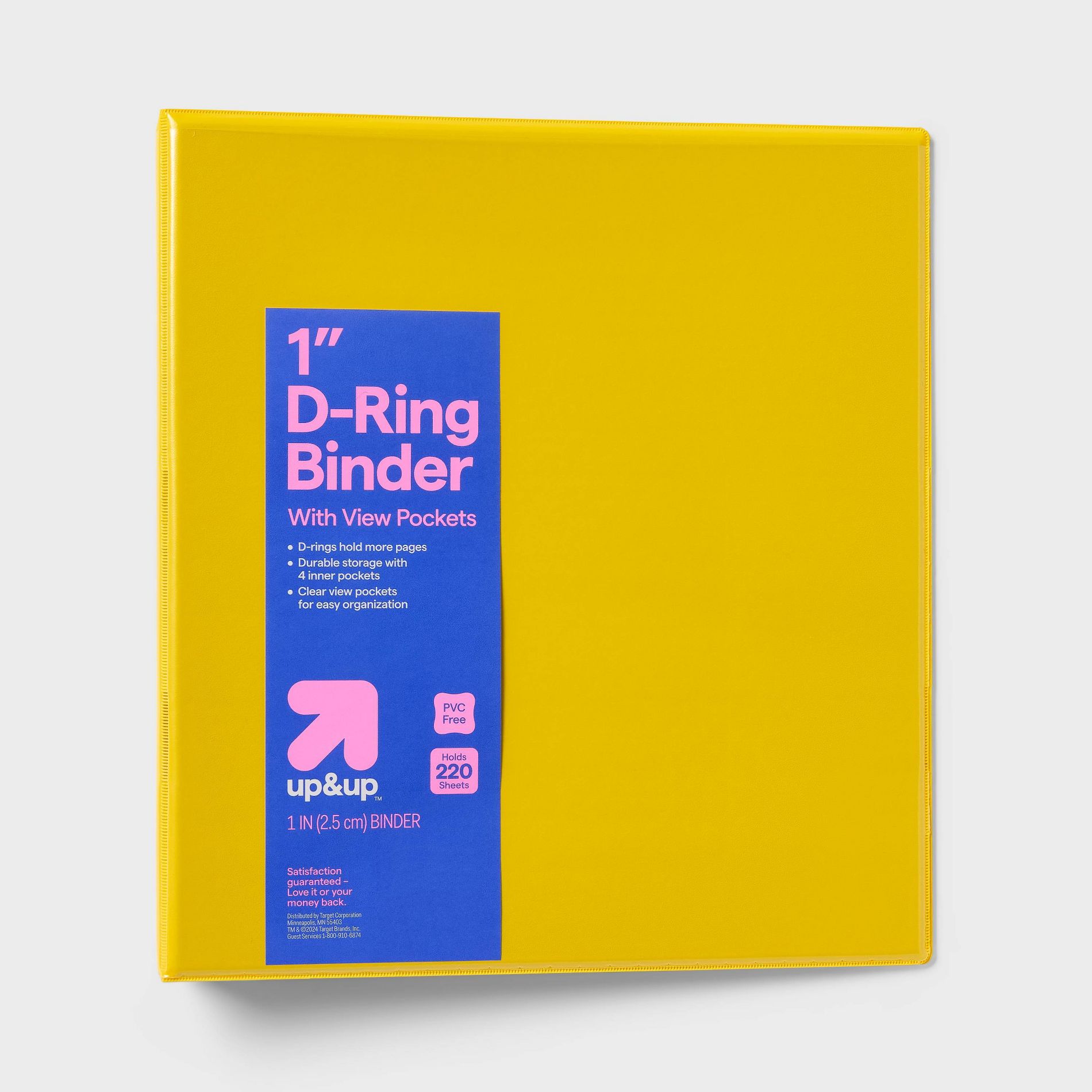 1" 3 Ring Binder Clear View Yellow - up&up™: D Rings, 220 Sheet Capacity, 2 Internal Pockets, Cardboard & Polypropylene