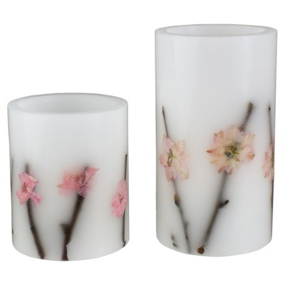 Northlight Set of 2 Floral Design Pressed Flower Flameless LED Pillar Candles