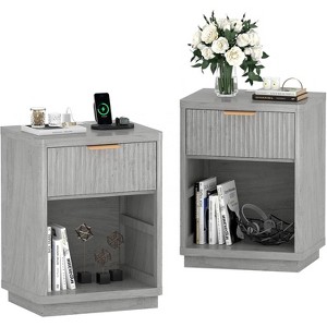 Set of 2 Fluted Farmhouse Nightstands with Charging Station, Modern Mid-Century Bedroom Bedside Tables, 1-Drawer Nightstands with Metal Handles - 1 of 4