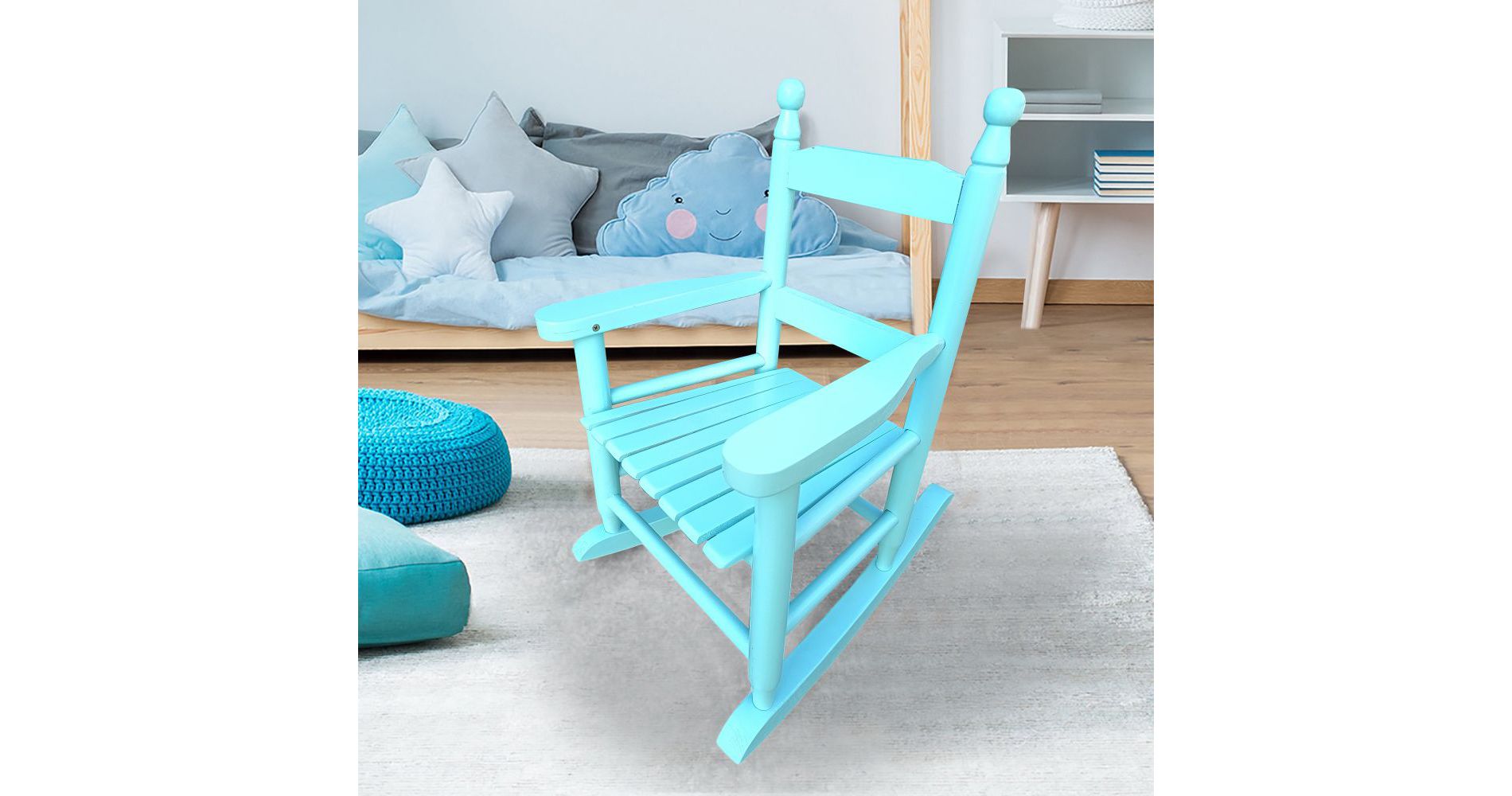 Aghana Digitals Kids Rocking Chair - Light Blue Populus Wood, Sturdy Slatted Back, Indoor/Outdoor Light Blue 2.95x15.55x22.8 in