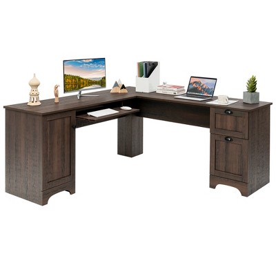 Costway L-Shaped Corner Computer Desk Writing Table Study Workstation Drawers BlackBrown