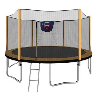 VisioGear Trampoline, 14FT Powder-coated Advanced Trampoline with Basketball Hoop Inflator and Ladder, Outer Safety Enclosure, Orange, 168*168*106.32