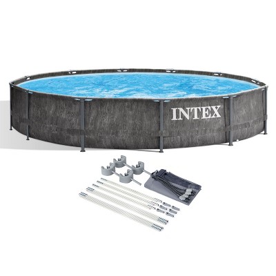 Intex 26749ST 12 Foot x 30 Inch Round Steel Frame Above Ground Pool Set with Filter Cartridge Pump & Pool Liner, Protective Canopy, Gray Woodgrain