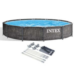 Intex 26749ST 12 Foot x 30 Inch Round Steel Frame Above Ground Pool Set with Filter Cartridge Pump & Pool Liner, Protective Canopy, Gray Woodgrain - 1 of 4