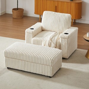 Corduroy Accent Chair Chaise Lounge, Deep-Seated Single Sofa with Storage Ottoman & Cup Holders - ModernLuxe - 1 of 4