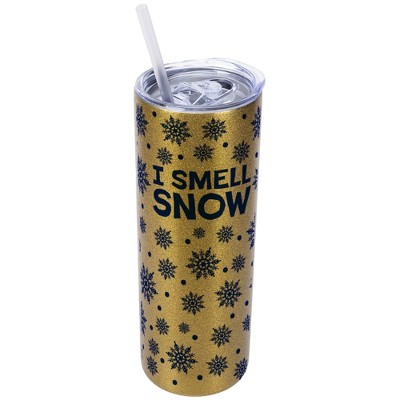 Elanze Designs Blue Snowflake Pattern Vegas Gold 20 Ounce Double Wall Stainless Steel Glitter Travel Tumbler With Sliding Lid And Straw, I Smell Snow