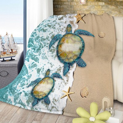 Boersma Sea Turtle Flannel Blanket Modern Coastal Ocean Beach Swirls Throw Blanket Super Soft Lightweight Blue Ocean Animal Blanket 30"x40"