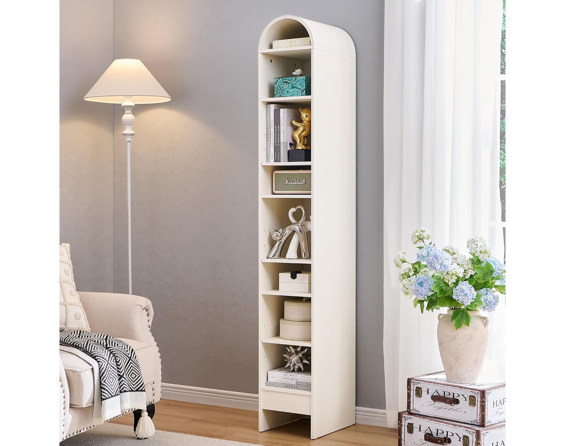SinCiDo Arched Bookshelf, Modern Farmhouse Bookshelf Storage Cabinet w/Adjustable Shelves, Wood Bookshelf w/Open Display Shelf for Home Office