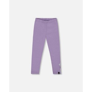 Deux par Deux Girl Organic Cotton Jersey Leggings Purple Gray with Floral Detail - 1 of 4