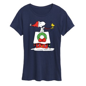 Women's - Peanuts - Snoopy and Woodstock House Sleigh Short Sleeve Graphic T-Shirt - 1 of 4