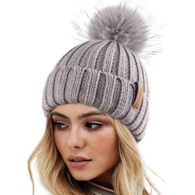 ZUPPAD Womens Winter Knitted Beanie Hat with Faux Fur Pom Warm Knit Skull Cap Beanie for Women Hats 1 Pack
