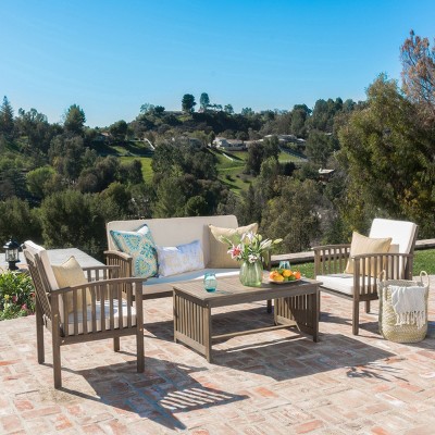 4 Piece Acacia Wood Outdoor Patio Conversation Set,Garden Backyard Lounge Set,Outdoor Coffee Table and Chair Set with Cushion-Coolbibila