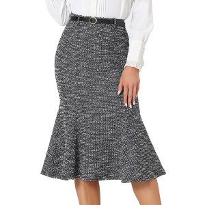 Allegra K Women's Tweed High Waist Midi Plaid Belted Fishtail Bodycon Skirts - 1 of 4