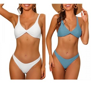 INSPIRE CHIC Women's Twist Cross Knot Solid Adjustable Straps Self Tie Back Swimsuits Bikini 2 Set - 1 of 4