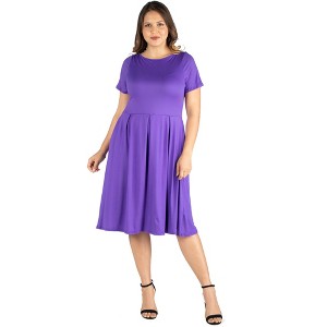 24seven Comfort Apparel Short Sleeve Plus Size  Midi Skater Dress With Pockets - 1 of 4