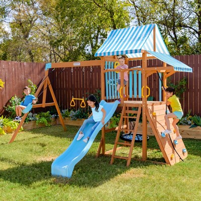 Teamson Kids Everett Plus Swing Set Playset with Platform, Rock Wall, and Wave Slide
