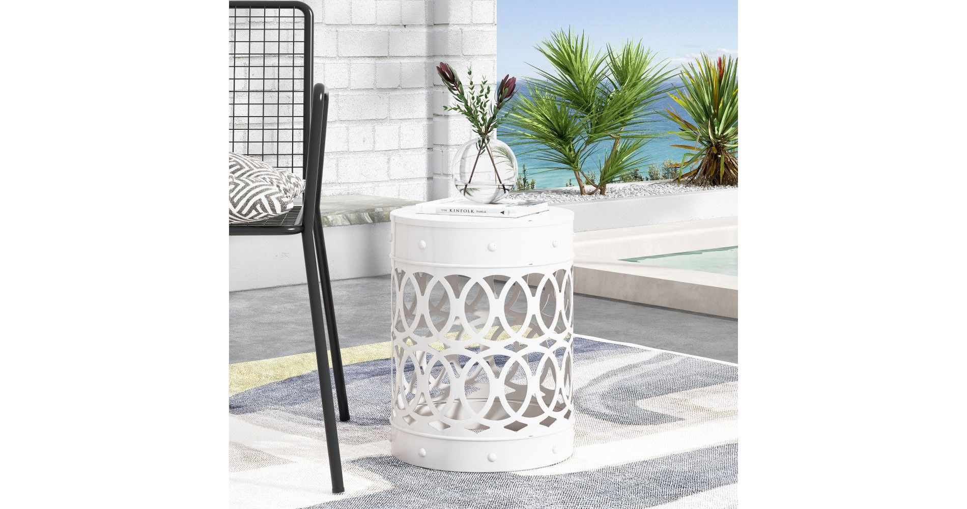 TUYOHW Modern Round Patio End Table,Iron Patio Side Table for Backyard,Pool, Indoor Companion,Durable and Stable,White