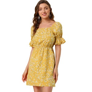 Allegra K Women's Causal Square Neck Elastic Waist Pocket Mini Floral Puff Sleeve Dress - 1 of 4